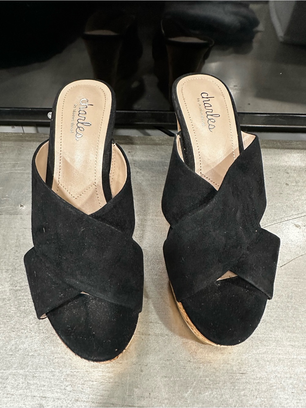 Charles David Black Crisscross Suede Slide Mules